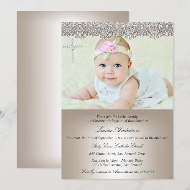 Lace Cross Baptême Christening Invitation (Devant / Derrière)
