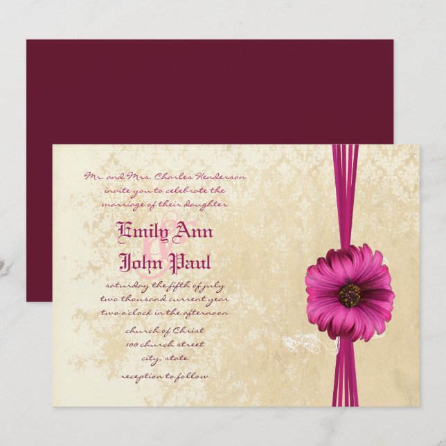Lace Damask Moody Dark Pink Gerber Daisy Wedding Einladung (Vorne/Hinten)