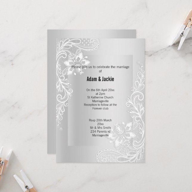 LACE D'ARGENT ÉLÉGANTE CLASSE MARIAGE 2 INVITATION (Devant/Arrière en situation)