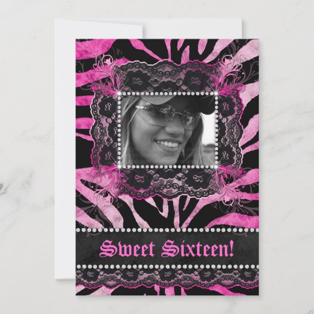 Lace Diamonds Sweet 16 Birthday Grad Zebra Pink Einladung (Vorderseite)