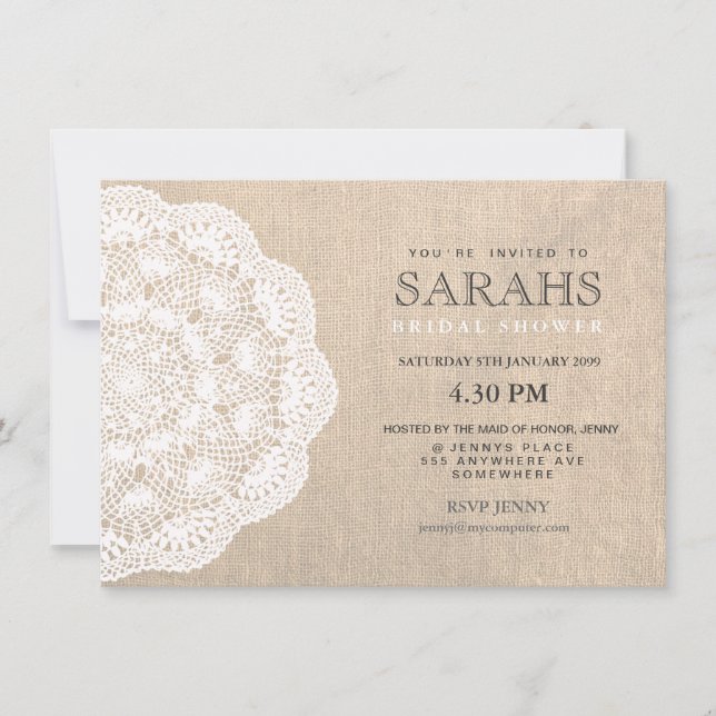 Lace Doily & Burlap Brautparty Party laden Einladung (Vorderseite)