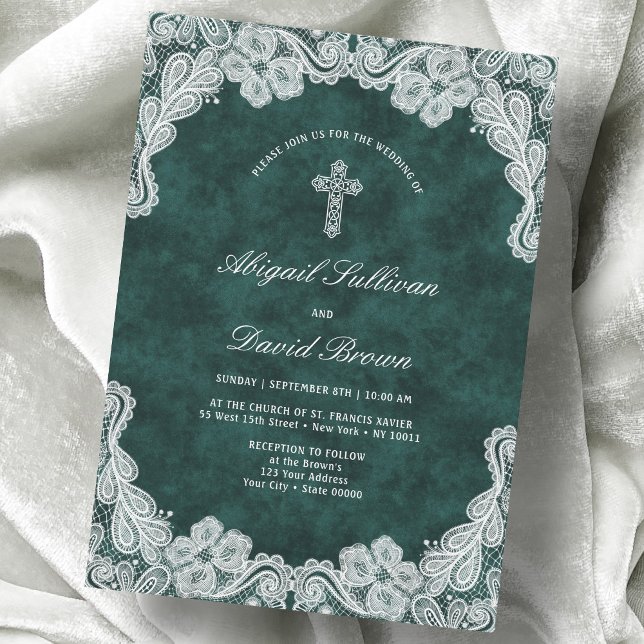 Lace Emerald Green Velvet Religious Wedding Einladung (Von Creator hochgeladen)