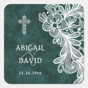 Lace Emerald Green Velvet Religious Wedding Quadratischer Aufkleber
