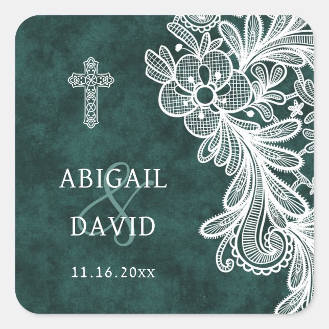 Lace Emerald Green Velvet Religious Wedding Quadratischer Aufkleber (Vorderseite)