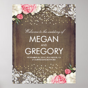 Lace Gold Burlap and Flowers Wedding Welcome Sign Poster