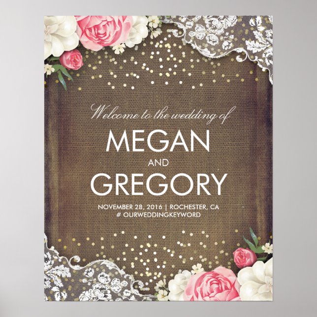 Lace Gold Burlap and Flowers Wedding Welcome Sign Poster (Vorne)