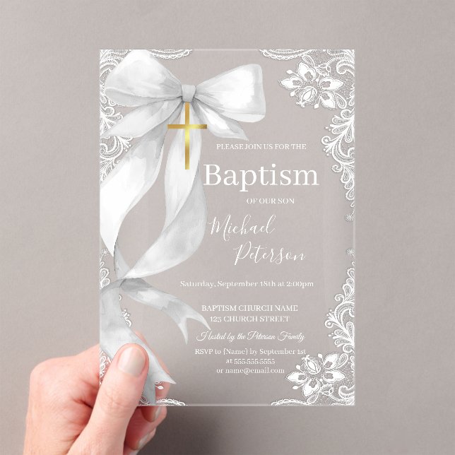 Lace Gold Cross Baptism White Bow Acryleinladungen (Insitu (Handheld))
