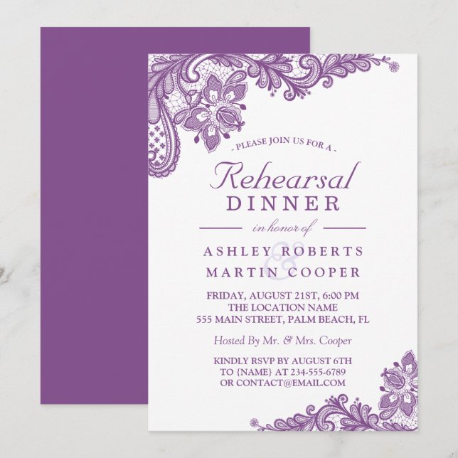 Lace Lavender Lila | Hochzeitsessen Probe Einladung (Vorne/Hinten)