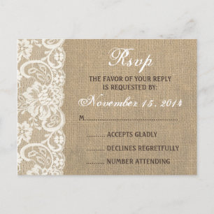 Lace Look Rustic WARM Burlap Wedding RSVP PostCard Einladungspostkarte
