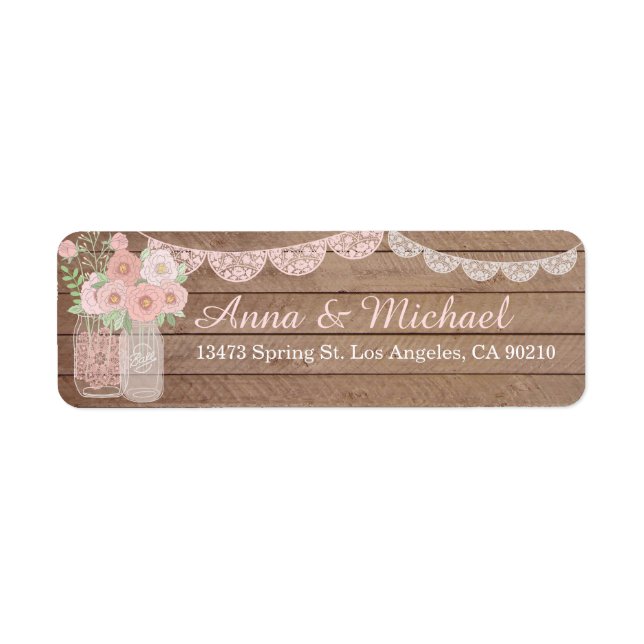 Lace Mason Jar & Wood Mariages Étiquettes de adres (Devant)