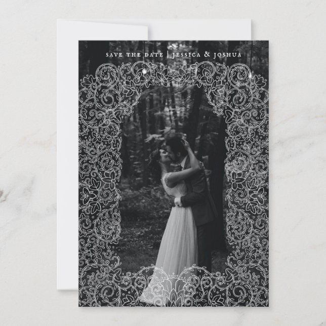 Lace Overlay Wedding Foto Save the Date Dankeskarte (Vorderseite)