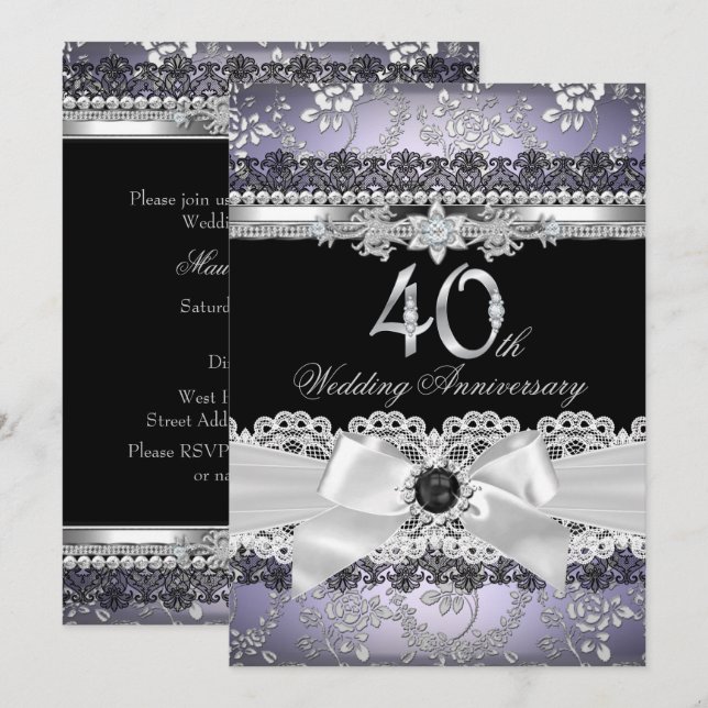 Lace Pearl Bow Silver Lila 40 Jahre Jubiläum Einladung (Vorne/Hinten)