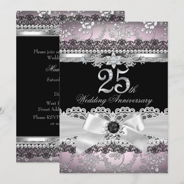Lace & Pearl Bow Silver Pink 25-jähriges Bestehen Einladung (Vorne/Hinten)