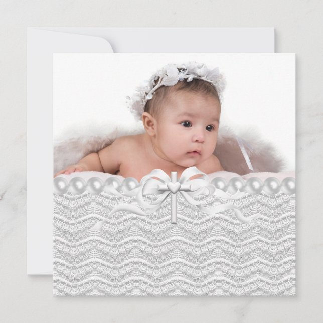 Lace Pearl Cross Christening Einladung (Vorderseite)