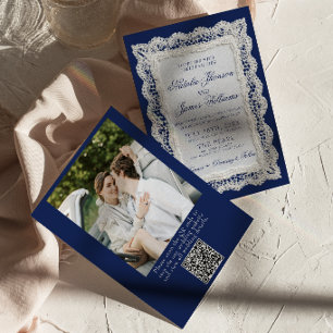 Lace Royale Blau Old Money Foto QR Code Hochzeit  Einladung