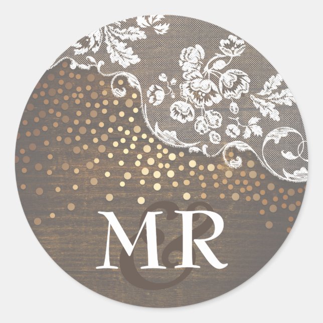 Lace Rustic Wood Gold Confetti Barn Wedding Runder Aufkleber (Vorderseite)
