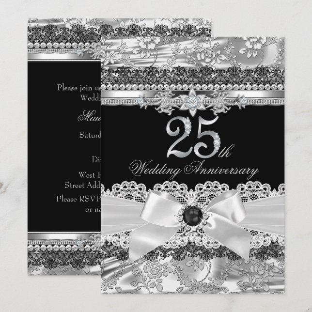 Lace & Silver Pearl Bow 25-jähriger Einladung (Vorne/Hinten)