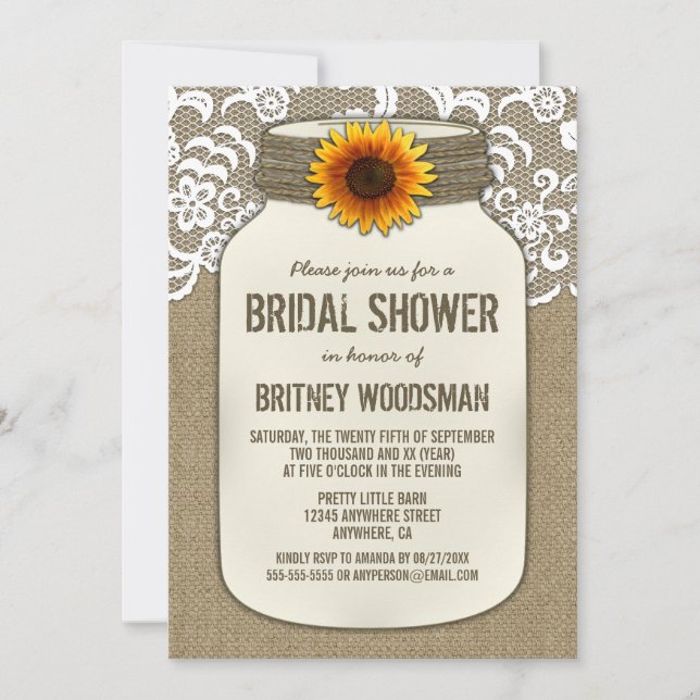 Lace Sunflower Mason Jar Bridal Dusche Einladungen (Vorderseite)
