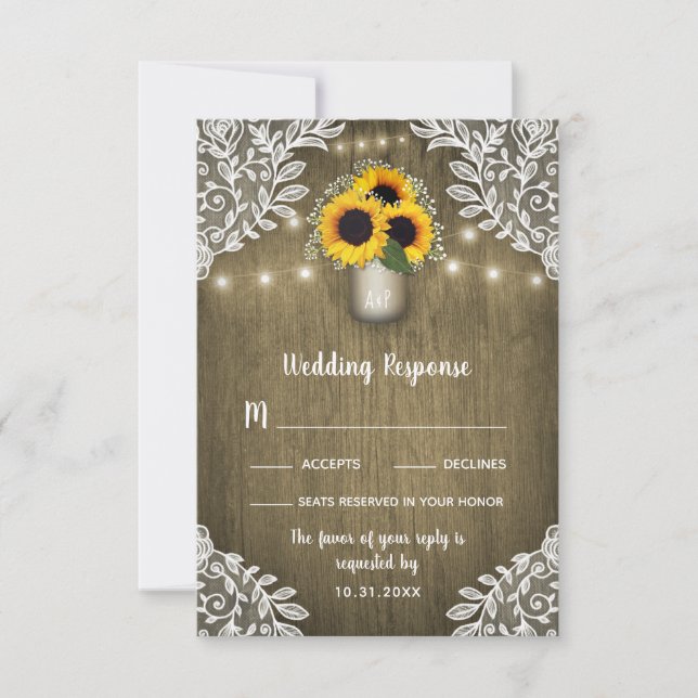 Lace Sunflower Mason Jar Wedding RSVP Cards (Vorderseite)