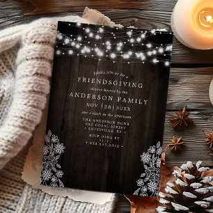 Lace- und Holz-Lichterkette Rustic Friendsgiving Einladung