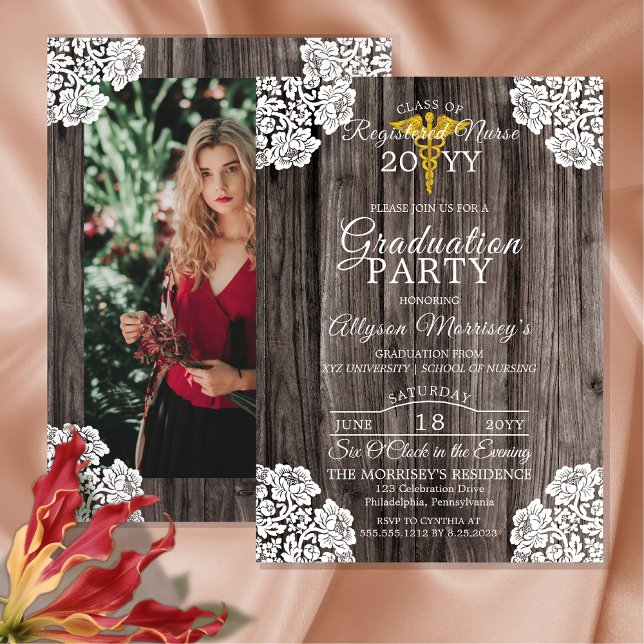 Lace Wood Foto Nursing School Medical Abschluss Einladung (Lace and Wood Rustic Nurse Nursing School Graduate Graduation Announcement |  Party Invitation)