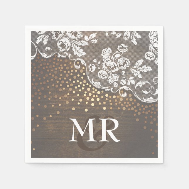 Lace Wood Gold Confetti Rustikales Land Serviette (Vorderseite)
