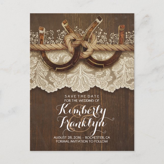 Lace Wood Horseshows Rustikales Land Save the Date Ankündigungspostkarte (Vorderseite)