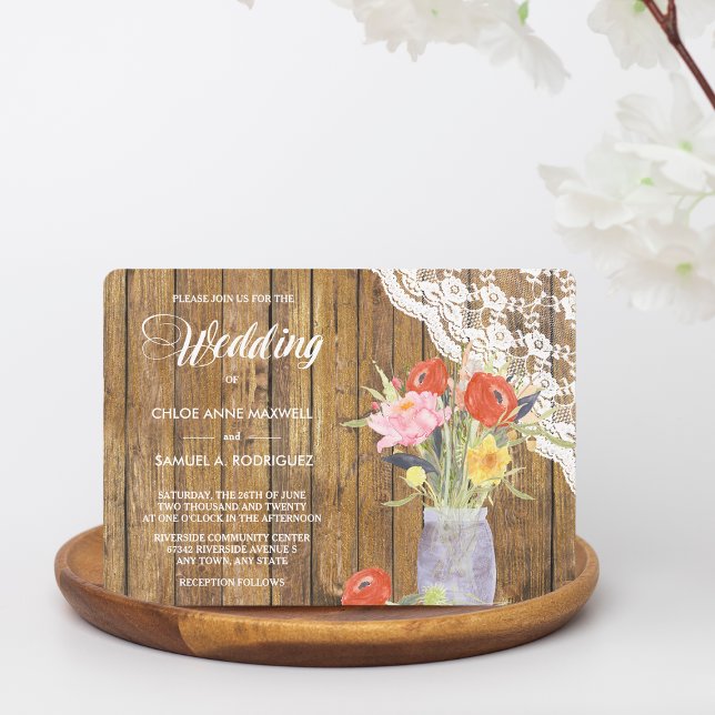 Lace Wood Mason Jar Floral Wedding Einladung (Von Creator hochgeladen)