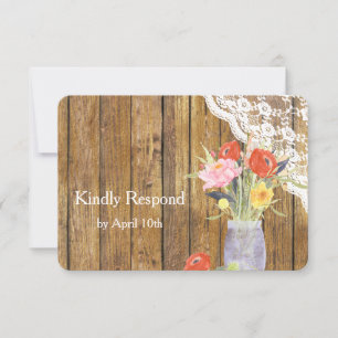 Lace Wood Mason Jar Floral Wedding RSVP Karte