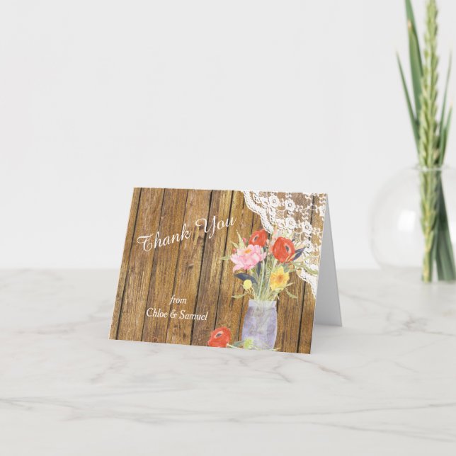 Lace Wood Mason Jar Floral Wedding Vielen Dank Dankeskarte (Vorderseite)
