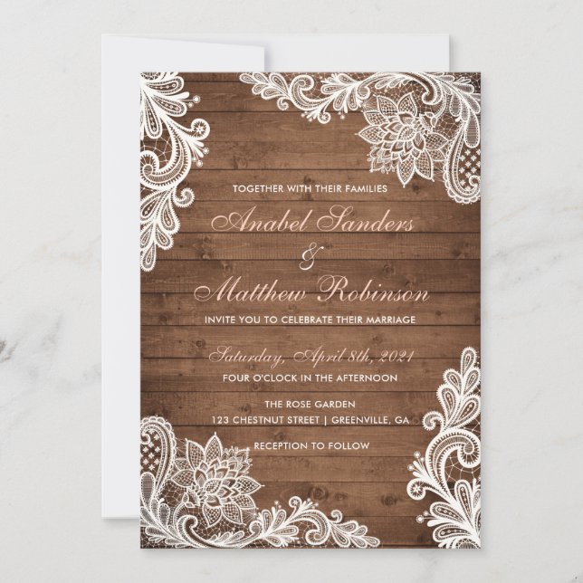 Lace Wood Rustic Wedding Einladung (Vorderseite)