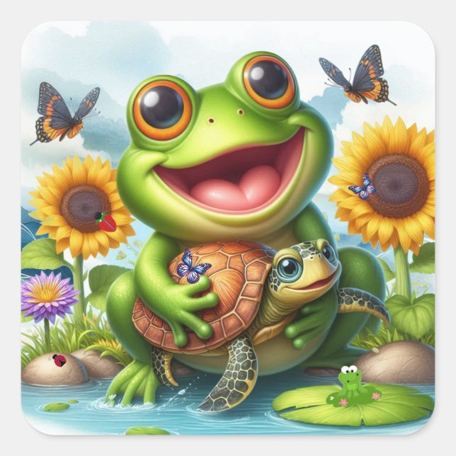 Lächelfrosch und Meeresschildkröten Quadratischer Aufkleber (Vorderseite)