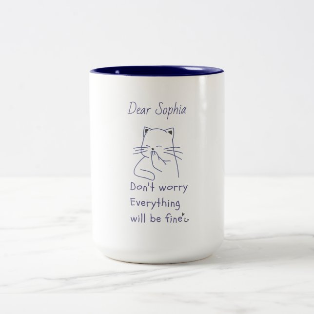 Lächeln der Katze mit Botschaft Zweifarbige Tasse (Mittel)