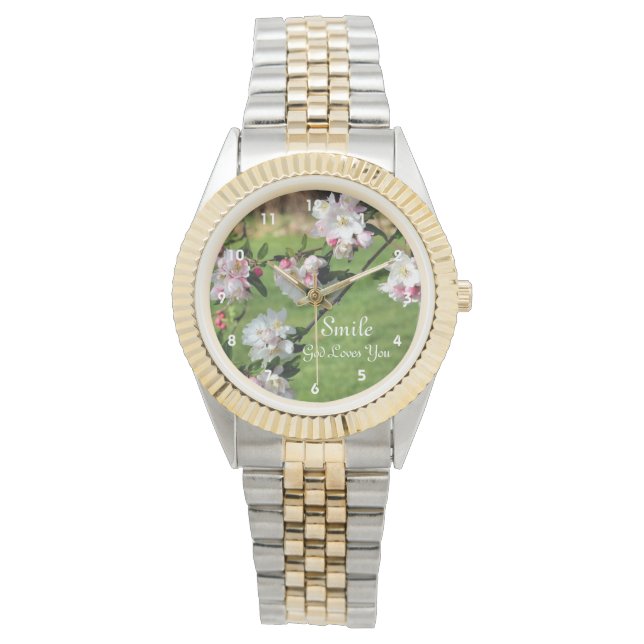 Lächeln Gott Lieben Sie blühen Inspiration Armbanduhr (Vorderseite)