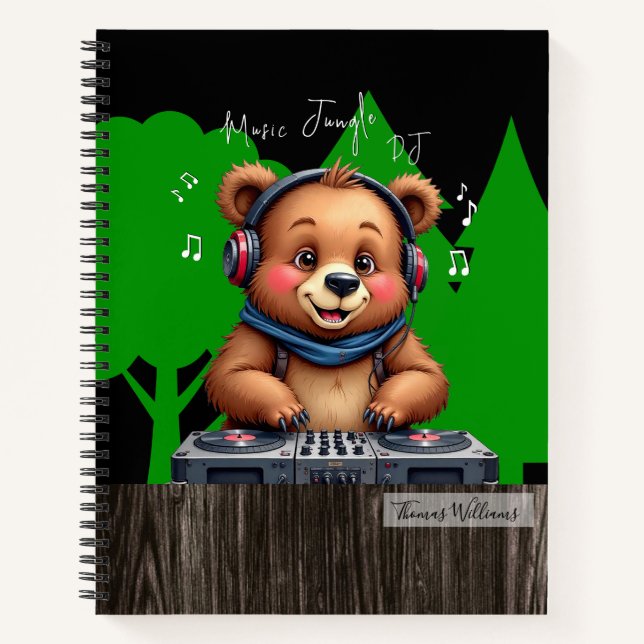 Lächeln Grizzly Bären DJ, Happy Music Jungle Notizbuch (Vorderseite)