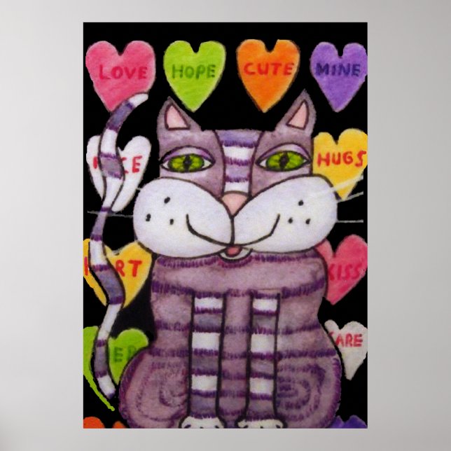 Lächeln Lila Valentine Cat Candy Hearts Black Poster (Vorne)