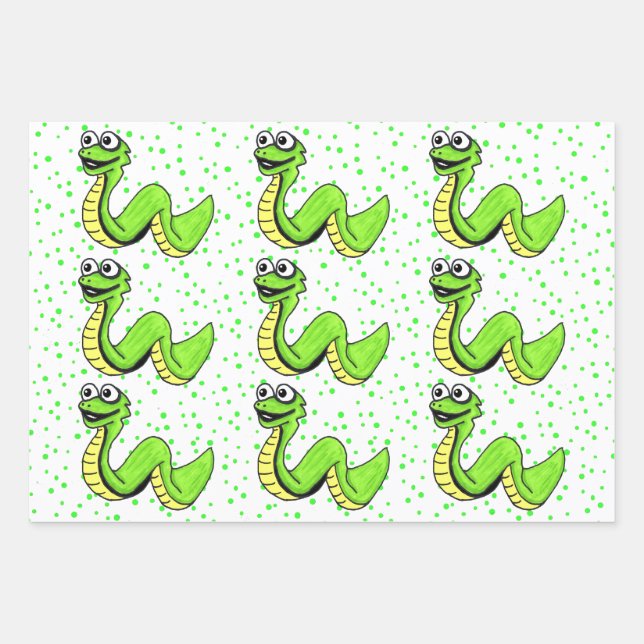 Lächeln Niedliche Neon-Gelbe Schlange auf Polka Do Geschenkpapier Set (Vorderseite)