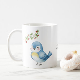 Lächeln Niedlicher Blauer Vogel mit Erdbeere Kaffeetasse