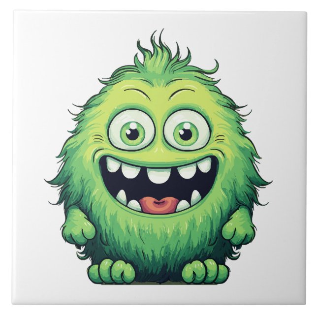 Lächeln Niedlicher grüner Monster-Cartoon Fliese (Vorderseite)