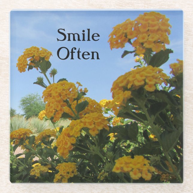 Lächeln Oft lebhafte Gelbe Lantana Foto Blume Glasuntersetzer (Vorderseite)
