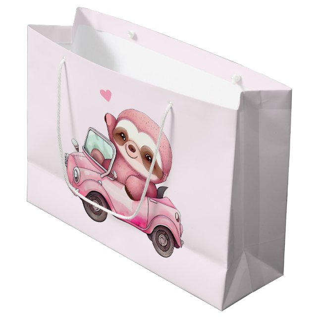 Lächeln rosa Faultier in einem Cabrio Große Geschenktüte (Vorderseite Schrägansicht)