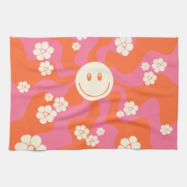 Lächeln - Rosa, Orange und Creme Geschirrtuch (Horizontal)