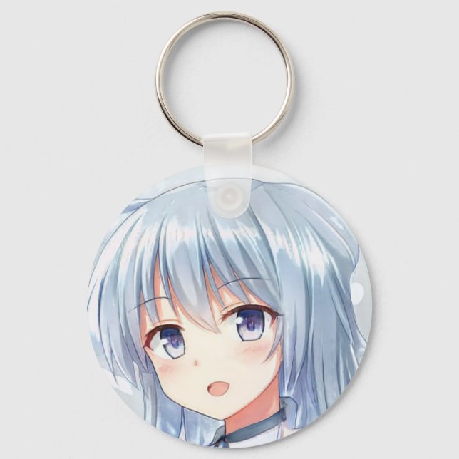 Lächelnd Anime Mädchen graue Haare Lavendel Augen  Schlüsselanhänger (Vorderseite)
