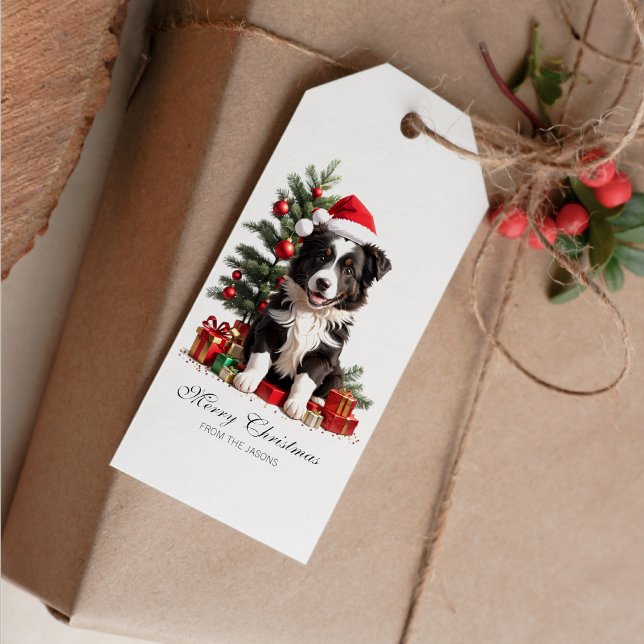 Lächelnd Border Collie Weihnachts Welpe Personalis Geschenkanhänger (Smiling Border Collie Christmas Puppy Gift Tag)