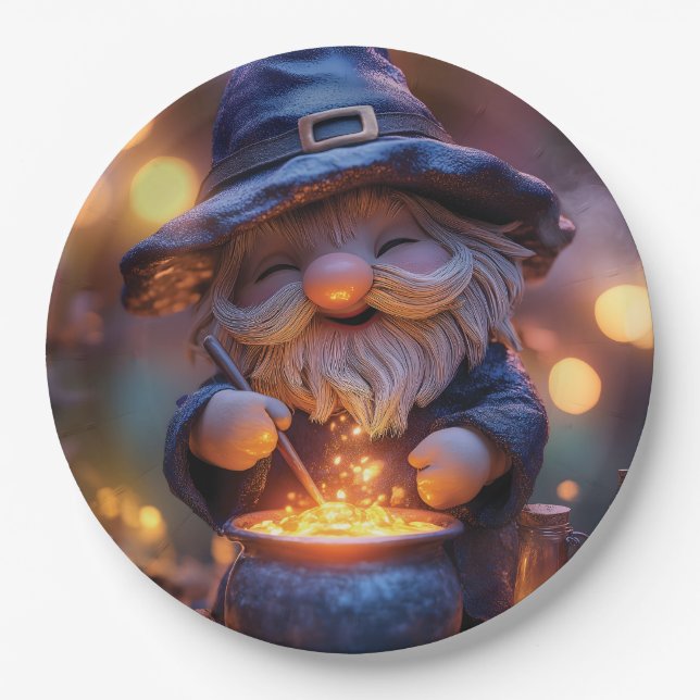 Lächelnd Gnome Stirring Magic Pot Pappteller (Vorderseite)