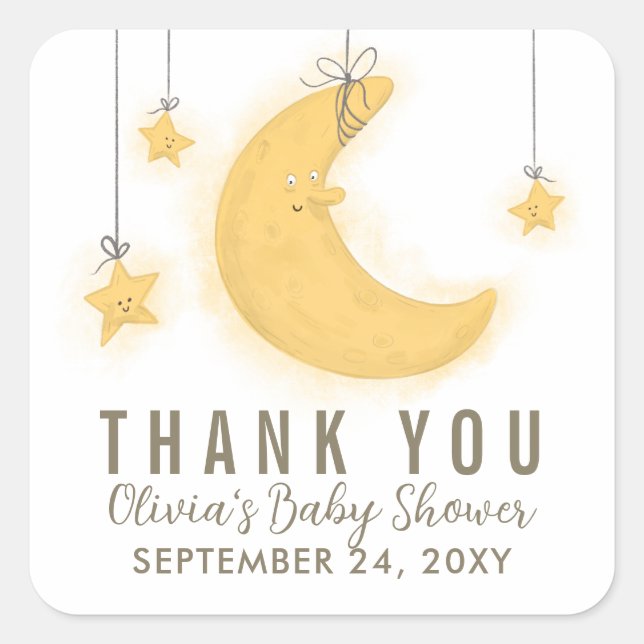 Lächelnd Moon Stars Kinderdusche Danke Quadratischer Aufkleber (Vorderseite)
