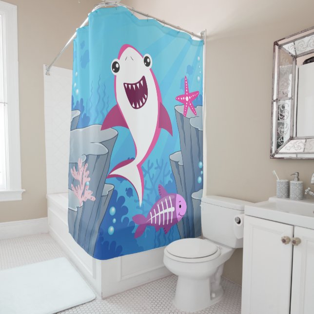 Lächelnd Pink Baby Shark Duschvorhang (Beispiel)