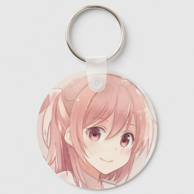 Lächelnd rosa Haar Anime Mädchen rosa Augen Manga Schlüsselanhänger (Vorderseite)