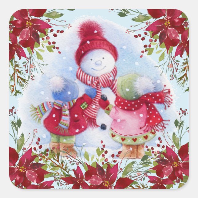 Lächelnd Snowman und Children Square Sticker (Vorderseite)