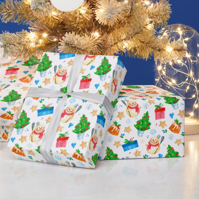 Lächelnd Snowman Weihnachtsbaum präsentiert Kekse Geschenkpapier (Feiertage)
